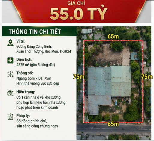 Kho xưởng 4875m2 Đặng Công Bỉnh, Xuân Thới Thượng, Hóc Môn. Bán gấp 55 tỷ!